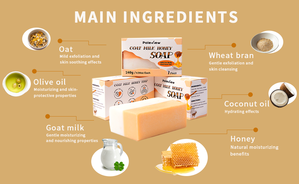 6 mian ingredients in soap, includeing goat milk, honey, oat, olive oil, wheat bran, coconut oil.