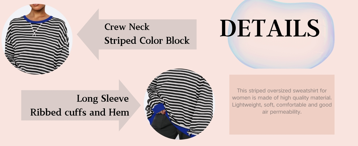 Women Striped Oversized Sweatshirt Color Block Long Sleeve Shirt Crew Neck Casual LooseY2K Top