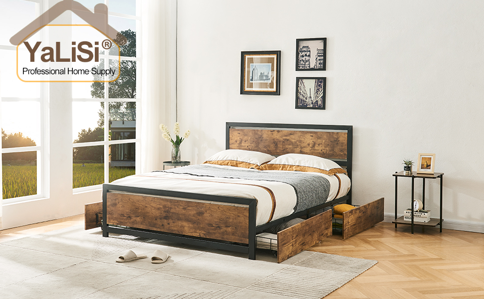 YALISI Queen Size Bed Frame with Storage Drawers,Queen Size Bed Frame with Headboard