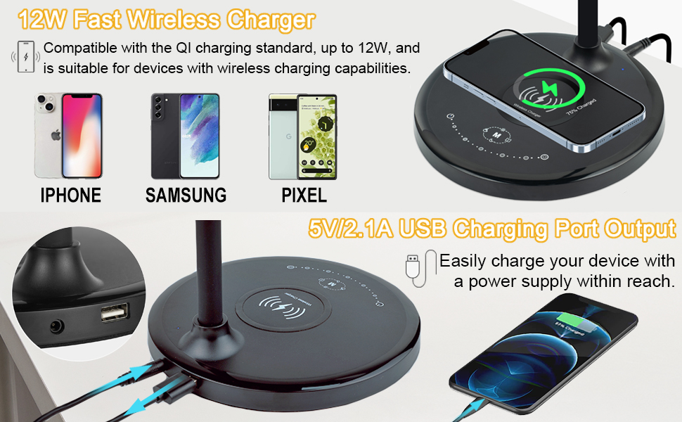 LED Desk Lamp with Wireless Charger USB Charging Port Dorm Lamp Reading Lamps Desk Light 
