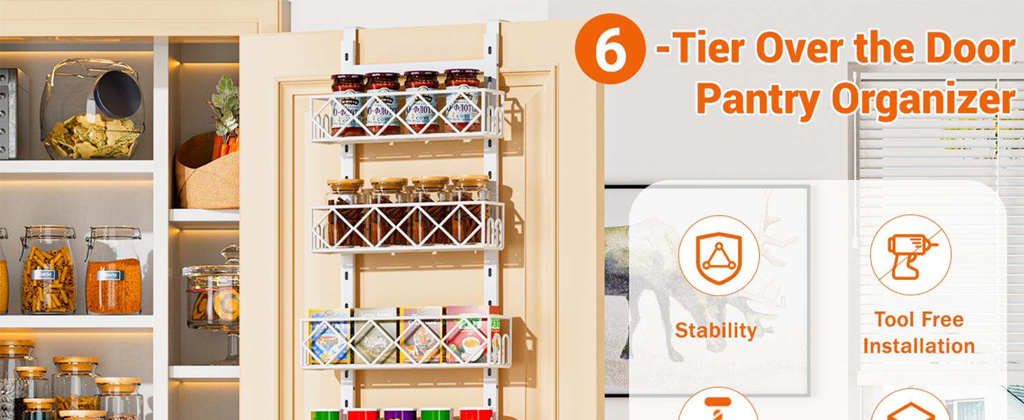 Over the Door Pantry Organizer 6Tier Adjustable Baskets
