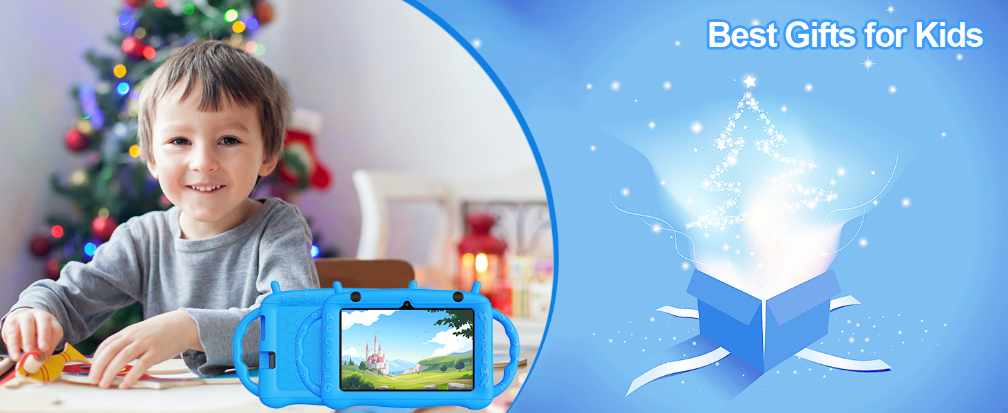 Blue smartphone case with handles designed for children, shown next to a Christmas tree. Text reads 'Best Gifts for Kids'.