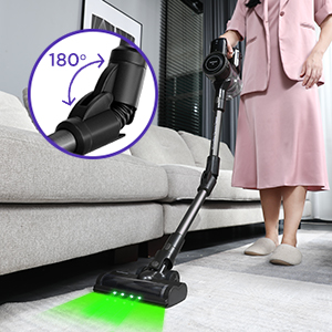 Vysavač s možností otáčení o 180 stupňů demonstrovaný indikátorem pohybu, který ukazuje flexibilní úhly čištění na povrchu podlahy