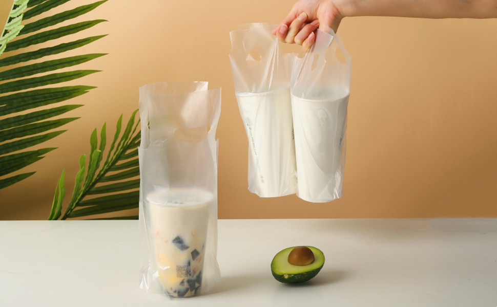 Clear Handle Drink Cup Plastic Bags, Drink Carrier