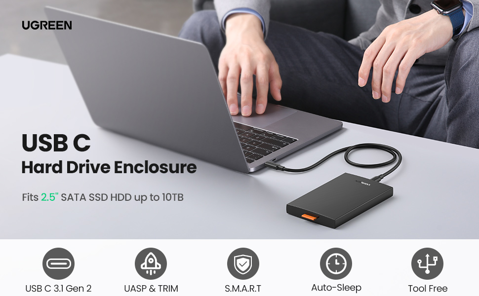 UGREEN 2.5 Inch Hard Drive Enclosure, USB C 3.1 6Gbps External HDD Case