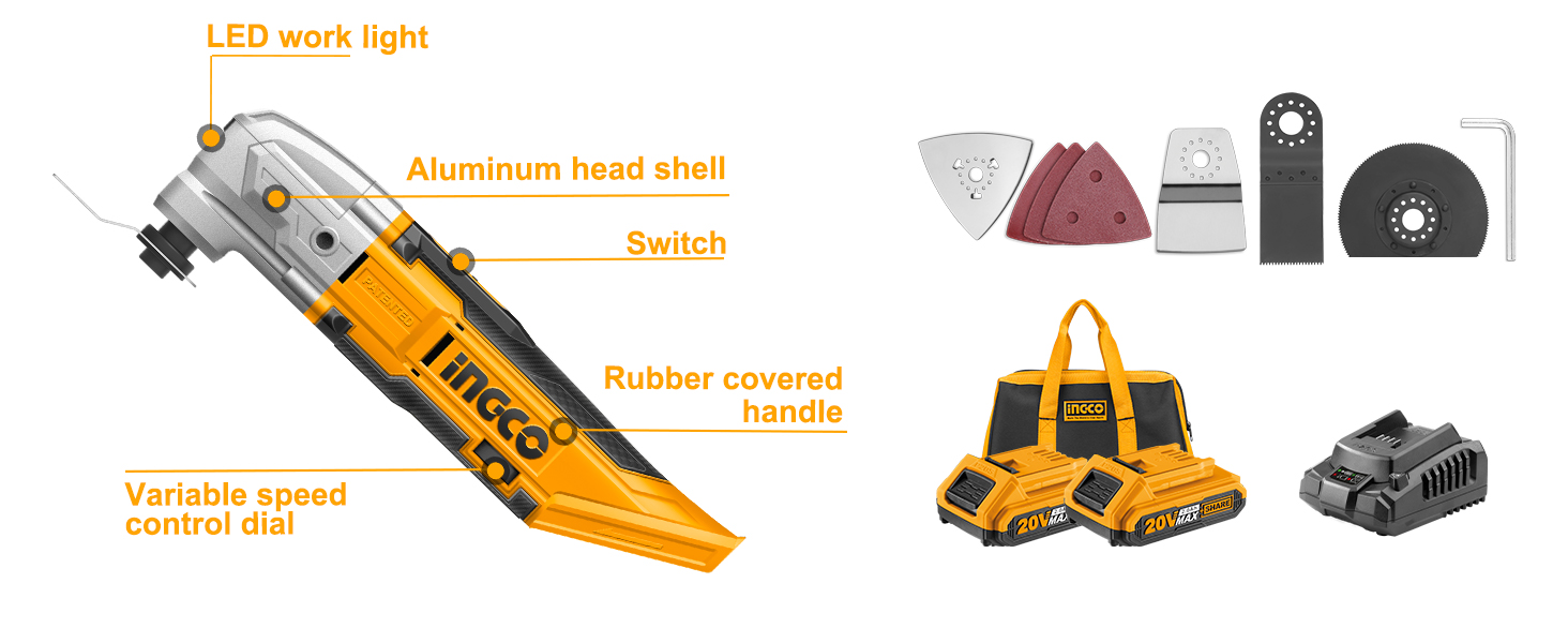 INGCO LithiumIon 20V Multi Tool with 2pcs 2.0Ah Battery and Charger