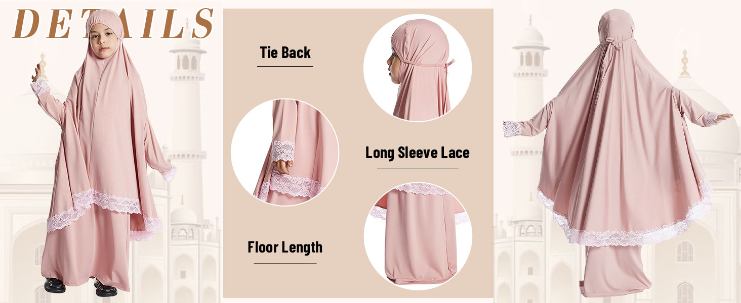 Kids Girls Abaya Muslim Full Cover Lace Hijab Dress Kaftan Dubai Islamic Prayer Dress 2pcs set