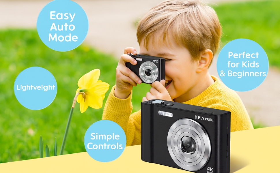 Child using KELY PURE 4K digital camera outdoors to photograph a flower, showcasing