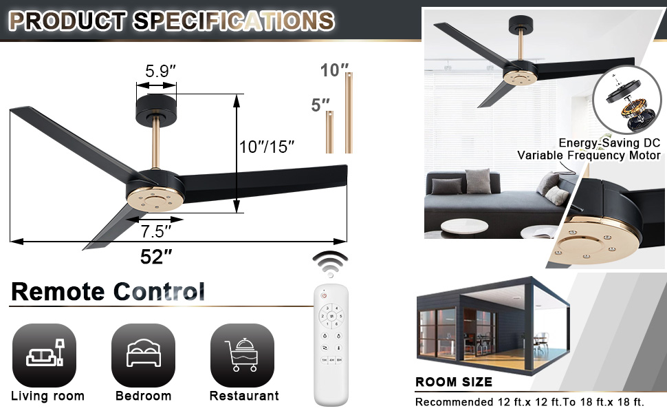 Wofifly 52 Inch Ceiling Fan No Light, Matte Black and Gold Ceiling Fans