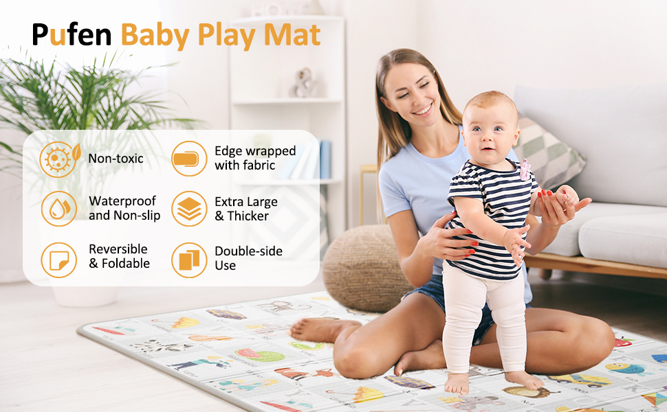 Pufeng Baby Play Mat 79" X 59", Reversible Foldable Baby