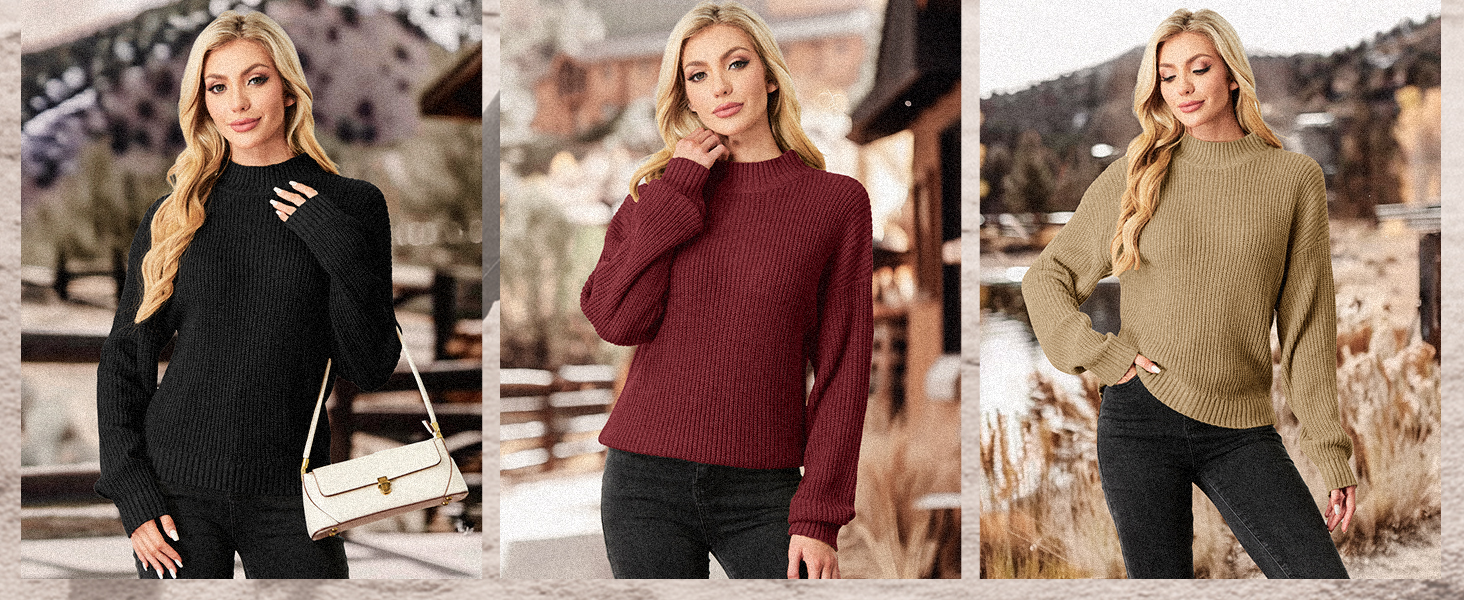 PrinStory Women'S Jumpers Cropped Mock Neck Sweater Casual Lantern Sleeve Ribbed Long Sleeve Warm