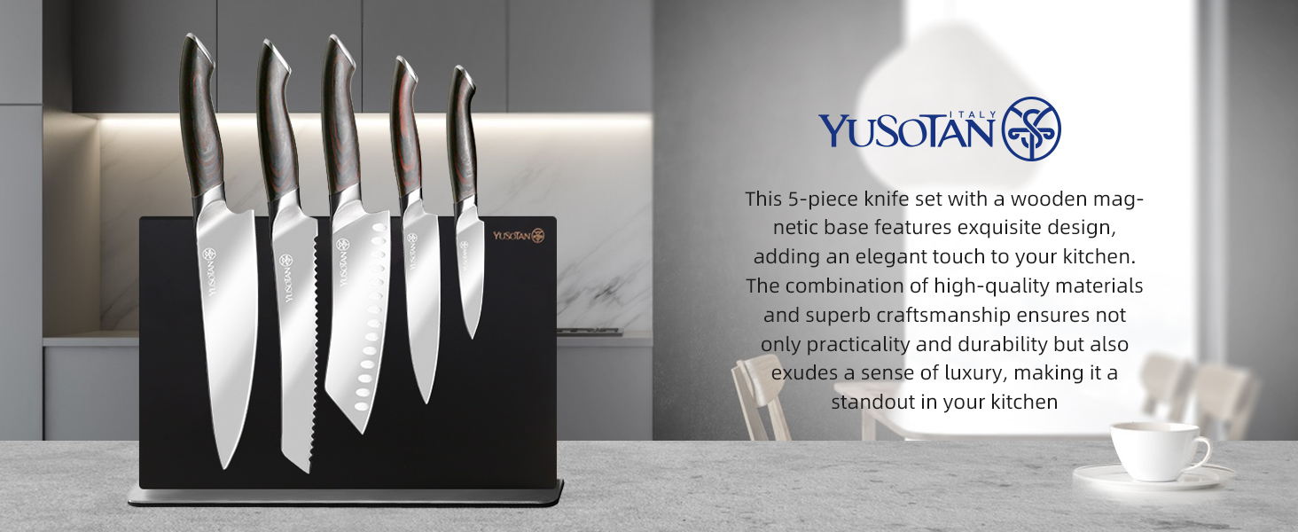 kitchen knife set with a wooden magnetic knife holder