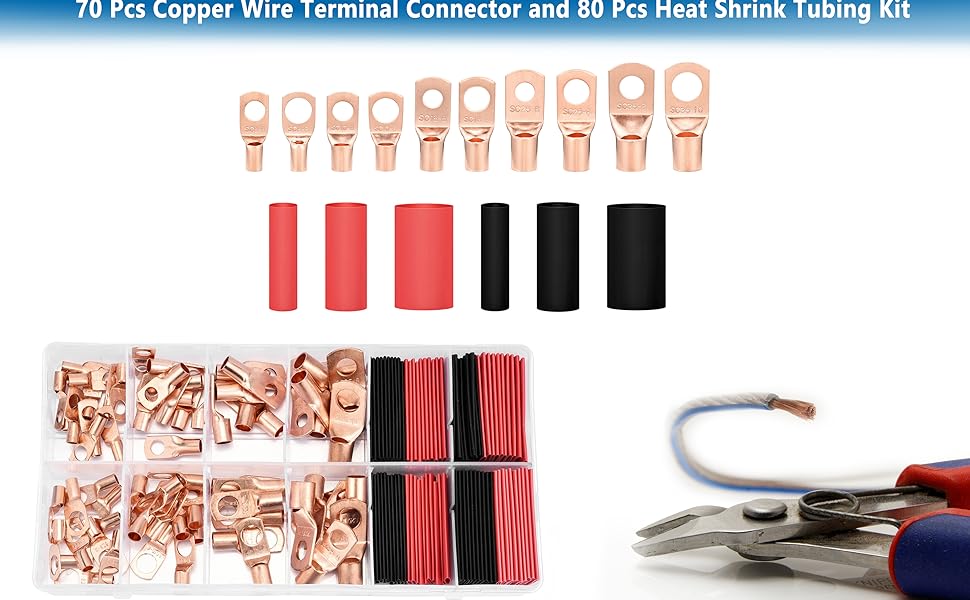 Total 150Pcs Battery Cable Ends include 70pcs Copper Wire Lugs and