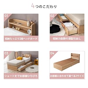 シングルベッド コンセント付き ショート丈 チェストベッド MINT（家具、インテリア） チェストベッド ベッド 収納付き セミ