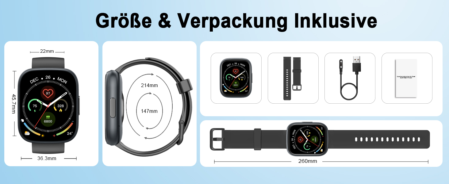 Das Diagramm mit den Smartwatch-Spezifikationen zeigt die Abmessungen des Zifferblatts, die Bandbreite und das mitgelieferte Zubehör wie Ladekabel und zusätzliches Armband. Das Display verfügt über farbenfrohe Fitness-Tracking-Symbole