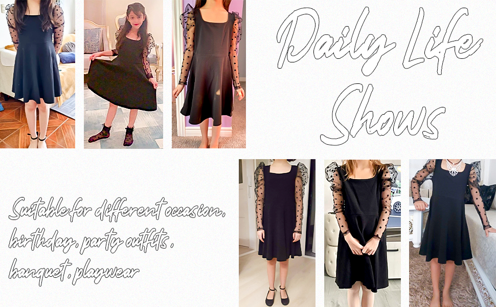 Girl's Polka Dots Mesh Puff Long Sleeve Ruffle Hem A Line Dress