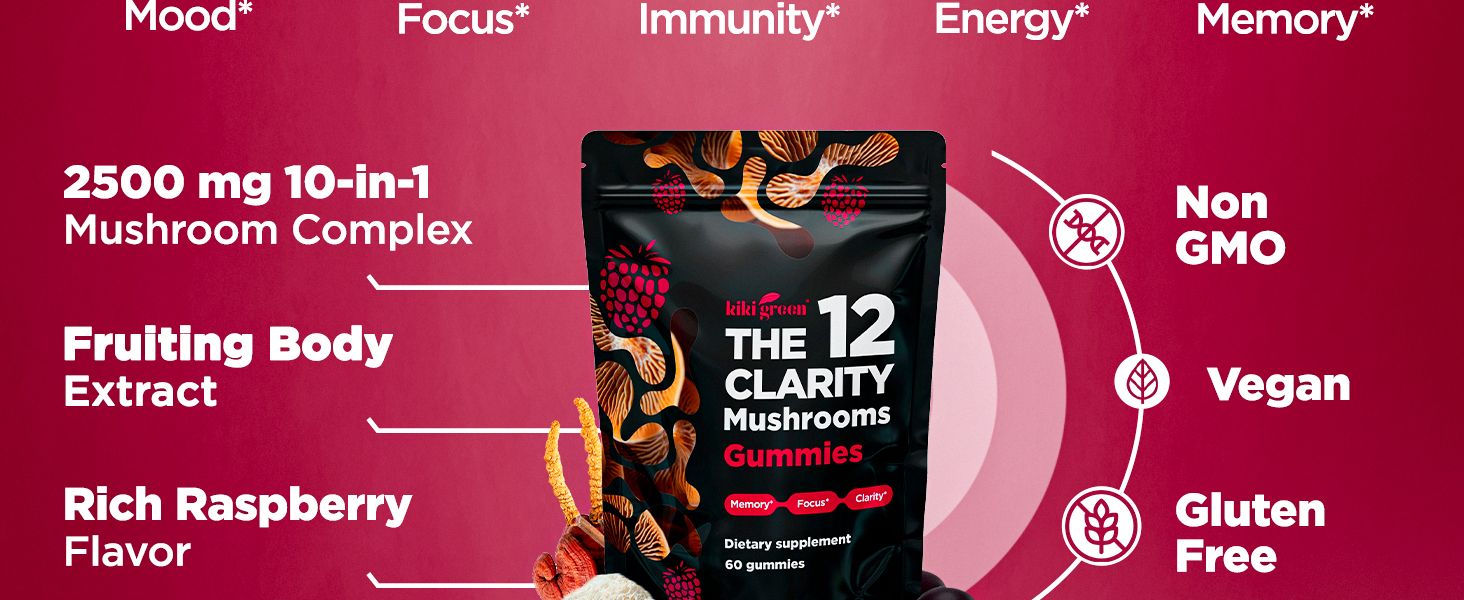 cffbb132-e9f3-4d97-a2ee-fa5d76518d8f.__CR0,0,1464,600_PT0_SX1464_V1___ KIKI Green 12 Mushroom Supplement Gummies - Lion's Mane, Cordyceps, Chaga, Reishi, Turkey Tail & 7 More for Memory, Focus, Immunity - 60 Mushroom Gummies for Adults with Raspberry Flavor 10:1 Extract