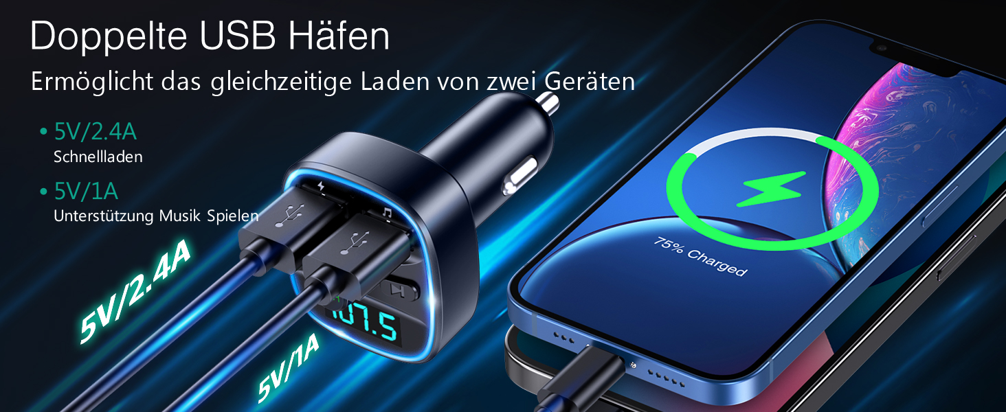 ORIA Bluetooth FM Transmitter, Auto Bluetooth 5.0 Adapter mit 2 USB