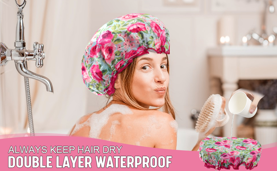 Reusable Shower Cap, 2 PACK Bath Cap for Women Double