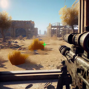 Actionsequenz mit Staub- oder Raucheffekten in einer Wüstenumgebung im Freien mit silhouettierten Figuren.