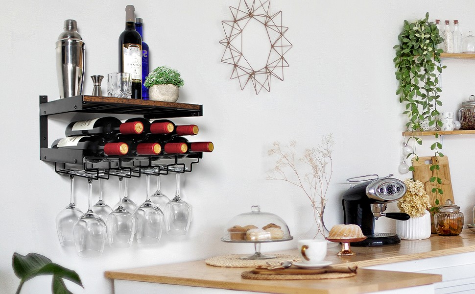 B4Life Wine Rack Wall Mounted with Stemware Rack, Wine Glass Rack Wall