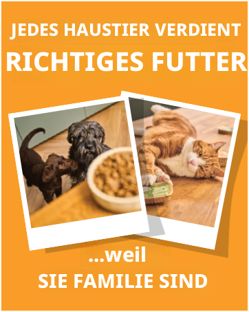 Der Text lautet: „JEDES HAUSTIER VERDIENT RICHTIGES FUTTER! ... WEIL SIE FAMILIE SIND“. Orangefarbener Hintergrund mit zwei Fotos im Polaroid-Stil, die Haustiere mit Futternäpfen zeigen.