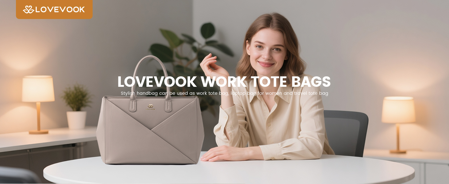 Der Text lautet „Bild 5“ und „LOVEVOOK WORK TOTE BAGS“. Produktpräsentation grauer Tragetaschen im Schlafzimmer mit sanfter Beleuchtung und minimalistischem Dekor.