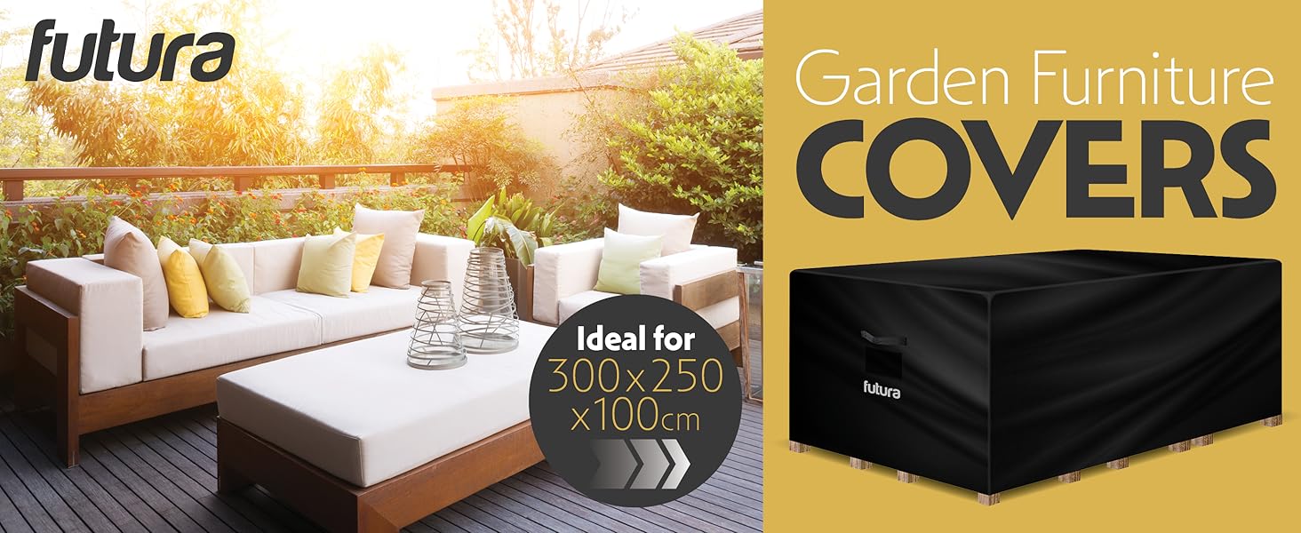 Garden furniture cover advertisement showing outdoor sofa and product packaging. Highlights size 300x250x100cm and features sunlit patio scene.