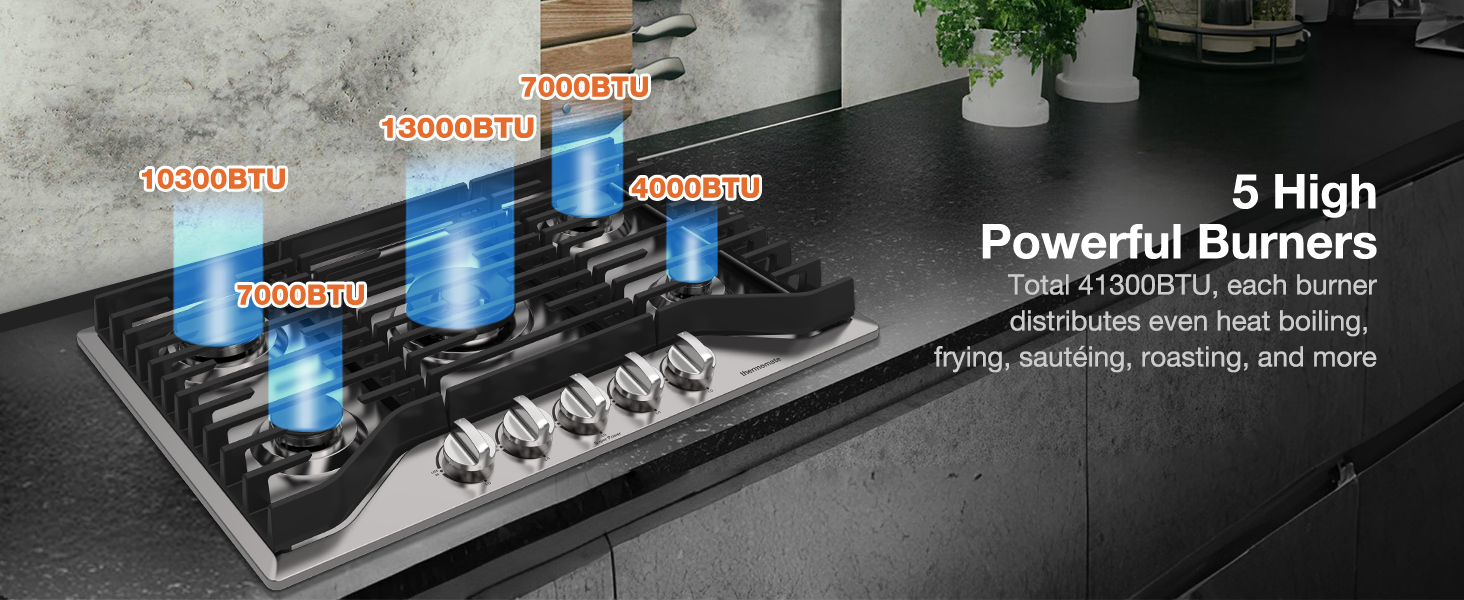 5 High Powerful Burners Total 41300BTU, Meet Various Cooking Demands