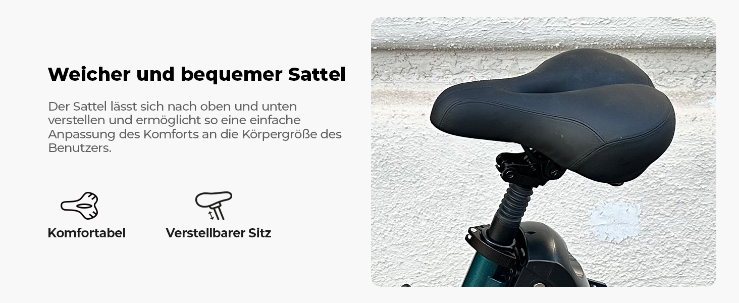 Der Text lautet „Weicher und bequemer Sattel“. Breiter schwarzer Fahrradsitz, von der Seite aus dargestellt, mit Komfortpolsterung.
