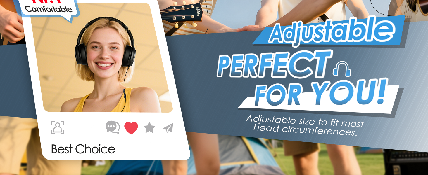 Marketing banner showing adjustable headphones with text highlighting features like comfort and size adjustability, displayed across multiple promotional panels.