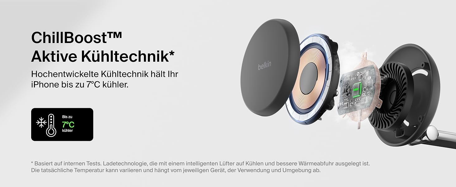 Το κείμενο εμφανίζεται "ChillBoost™ Aktive Kühltechnik". Technisches Diagramm, das den Querschnitt des Kühlgeräts mit internen Komponenten und Digitalanzeige zeigt.