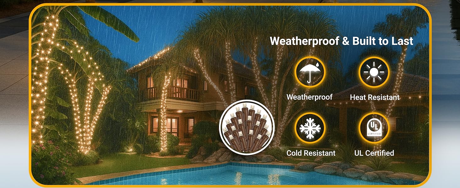 UL listed 100 light warm white LED string on brown wire for outdoor Christmas displays