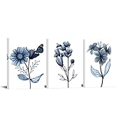 sechars 3 Piece Canvas Wall Art Navy Flower Painting Art Prints Blue Floral With Butterfly Pictur...