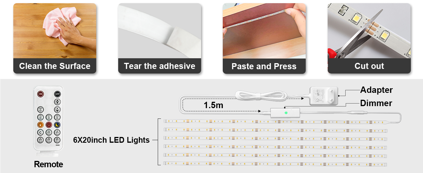 WOBANE Under LED Lighting kit, 6 PCS LED Strip Lights with Remote Control Dimmer and