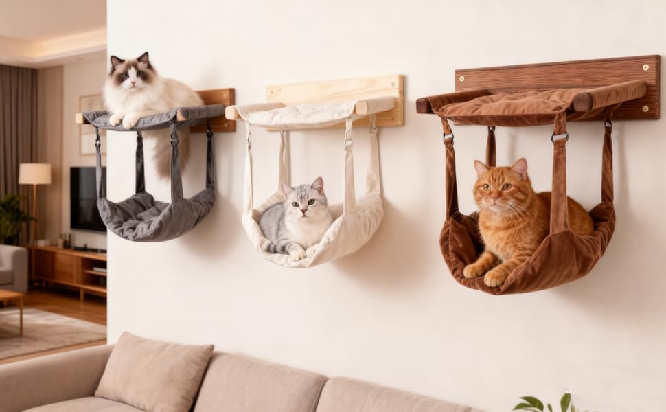 Wooden Cat Wall Hammock, 18.9 x 12.6 Inch Double Layer Cat Furniture Hammock, Large Cats Bed