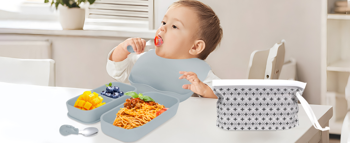baby travel feeding set, 316 stainless steel baby utensils, silicone suction plates for toddlers