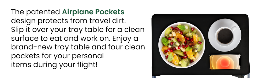 Compact travel tray cover with airplane pockets for a neat and organized flight experience