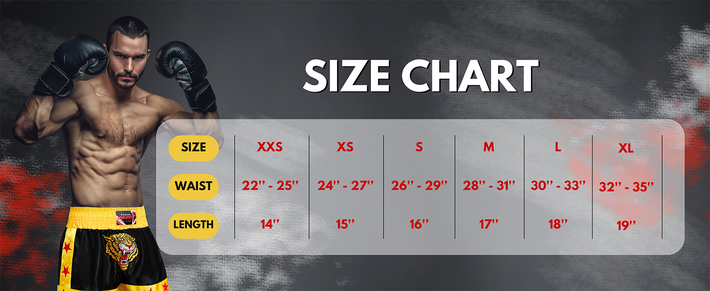 Muay Thai Shorts Kick Boxing Training Satin Black Gold Short Tiger Embroidery Size Chart
