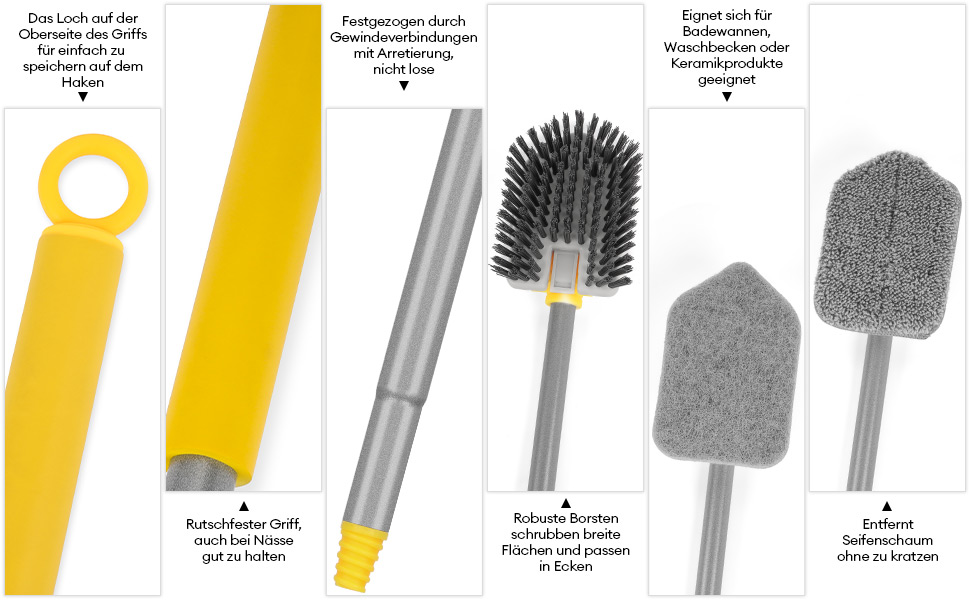 3in1 Bad Schrubber mit Stiel für Dusche mit Borstenbürste, Schrubbtuchpad und