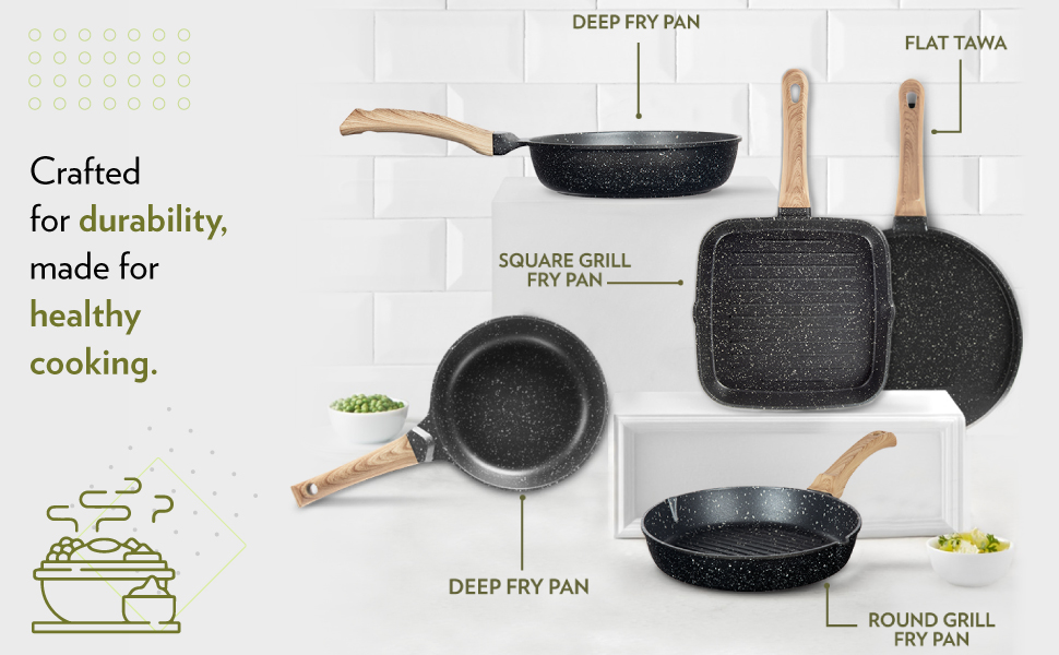 Borosil Vajra Die-Cast Non-Stick Aluminium Deep Fry Pan, Black With Wood-Finish Handles, 1.5 L, 4 Mm Thick, 20 Cm 3 vajra range