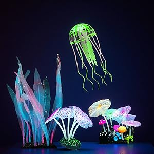 4-Pack Silicone Fluorescent Aquarium Plants/Decor: Jellyfish, Mushrooms, All Tanks