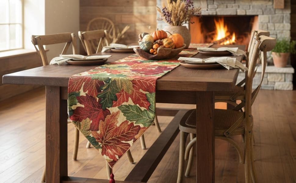 red and green autumn fall leaves foliage thanksgiving table runner on a dining table setting