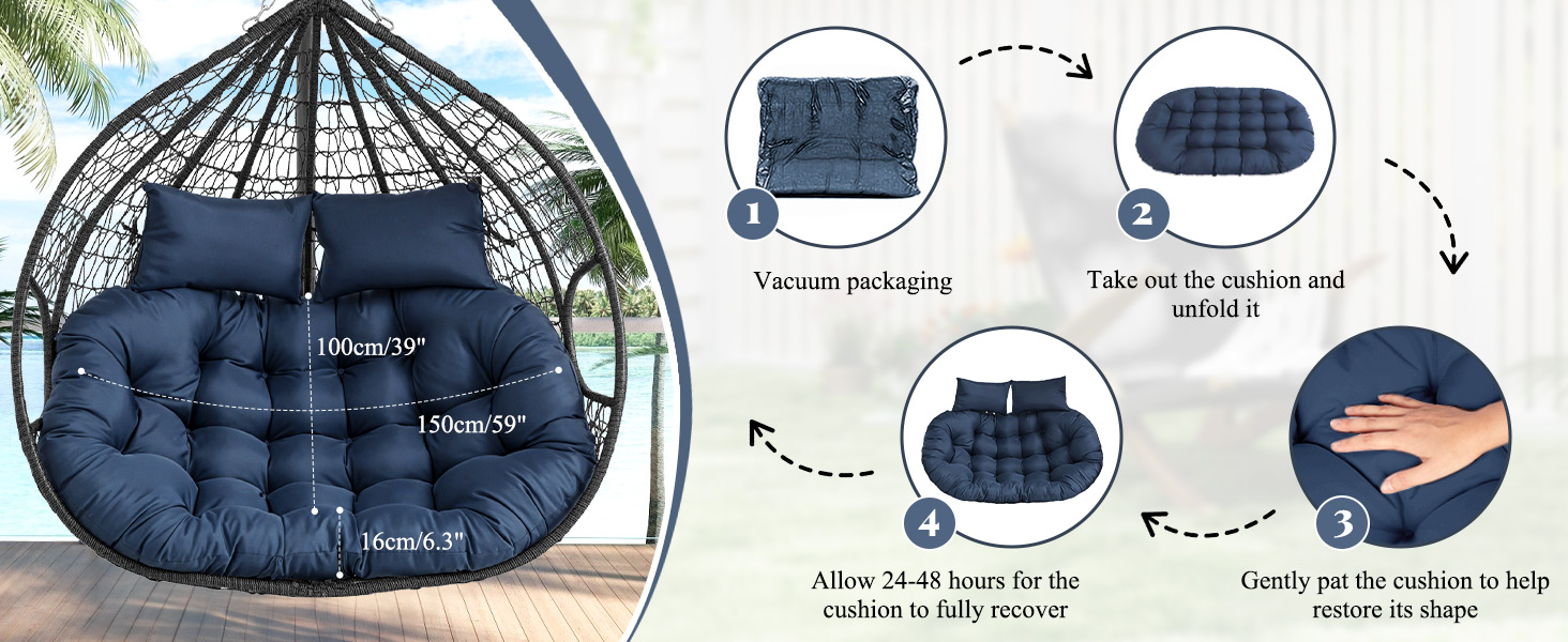 ANMINY 2-Seater Hanging Egg Chair Cushion Thickened 6.3Inch Waterproof Anti-UV Hammock Swing Chair Replacement Cushion, Outdoor Hanging Basket Seat Pads with 2 Detachable Pillows, Beige Cushion ONLY 17 large 2 double person wicker egg chair swing cushion waterproof soft