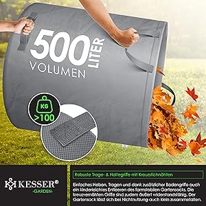 Grijze opbergzak voor buiten met een inhoud van 500 liter en een gewichtslimiet van meer dan 100 kg, afgebeeld tijdens het verzamelen van herfstbladeren.