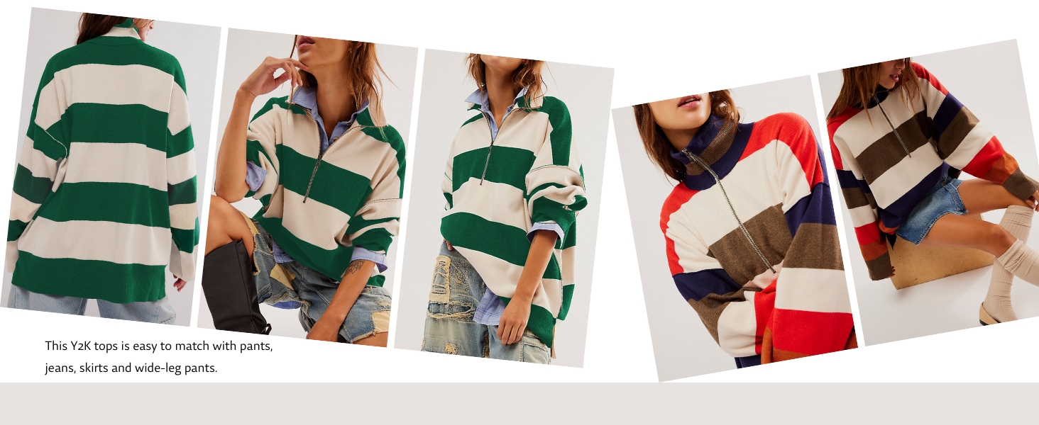 Varias imágenes de jerséis a rayas en varios colores. Los estilos incluyen cortes holgados y regulares, que muestran