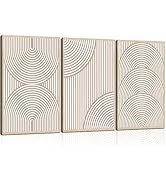 3Pcs Beige Neutral Wall Art Boho Minimalist Line Canvas Paintings Abstract Beige and White Line W...