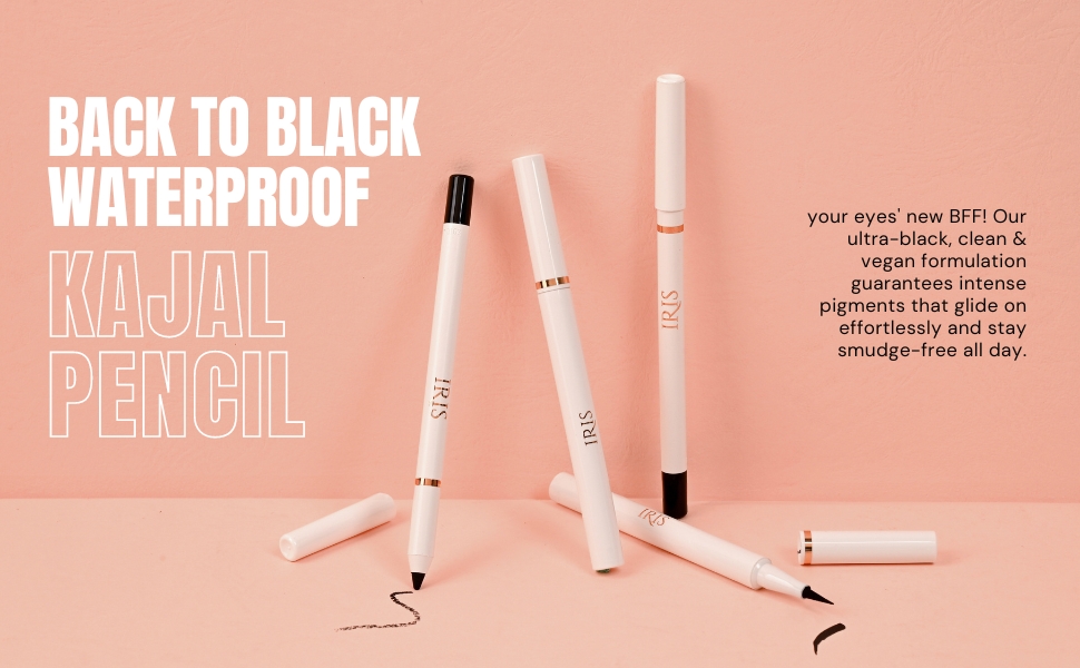 White waterproof kajal pencils displayed on pink background, featuring smudge-proof black eyeliner with product text and application examples visible.