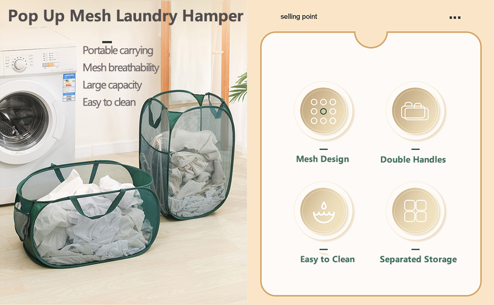 Large Laundry Hamper with Durable Handles, Mesh Pop Up