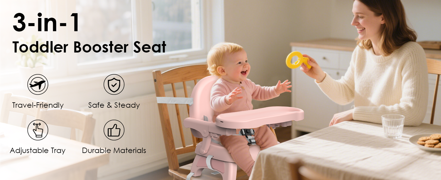 Bella&#39;s Friends 3-in-1 toddler booster seat is travel-friendly, safe &amp; steady, with adjustable tray.